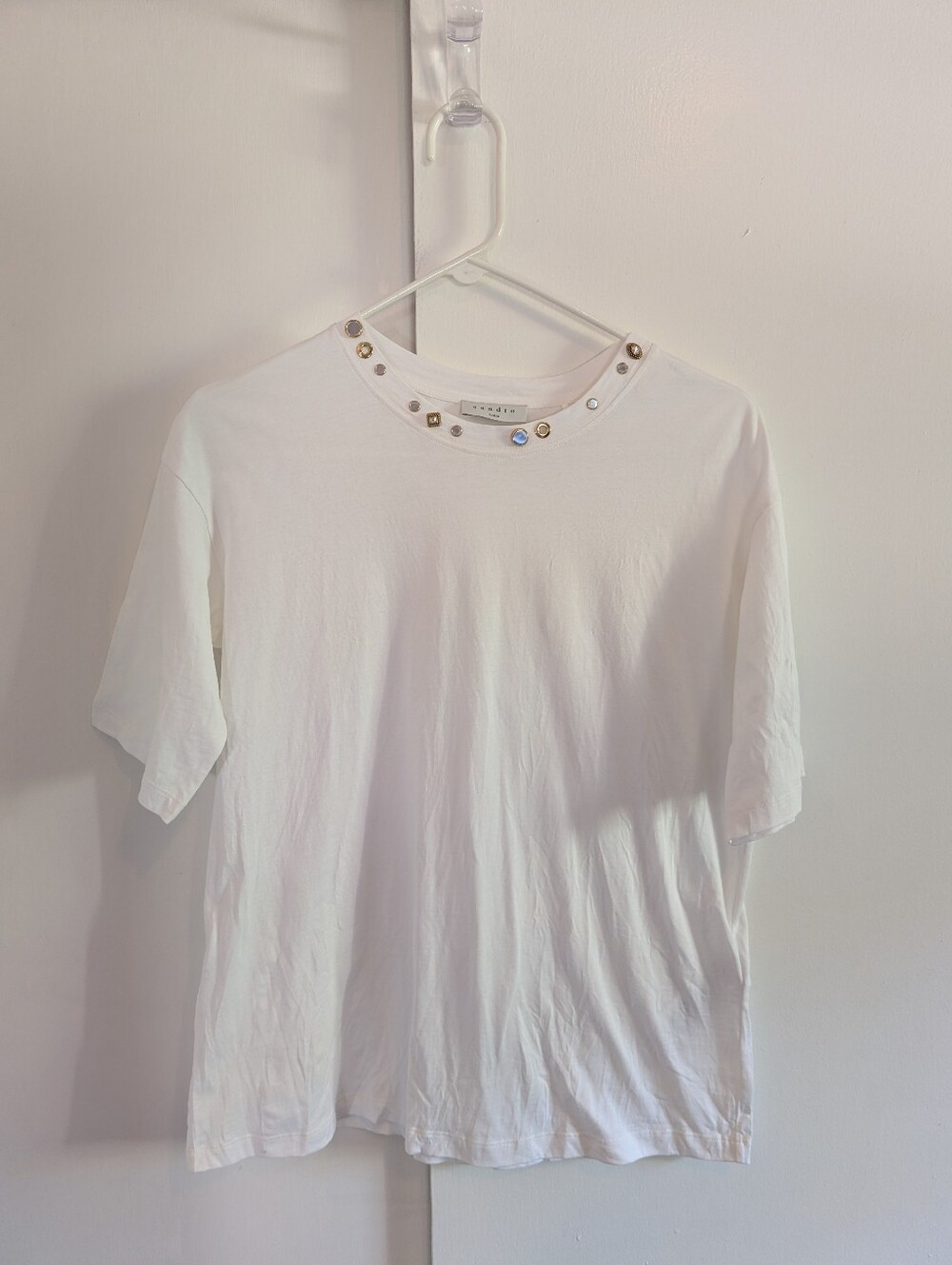 Sandro Paris Embellished Crewneck White Top Size 2 FR Medium US sz 6 Cotton Tee